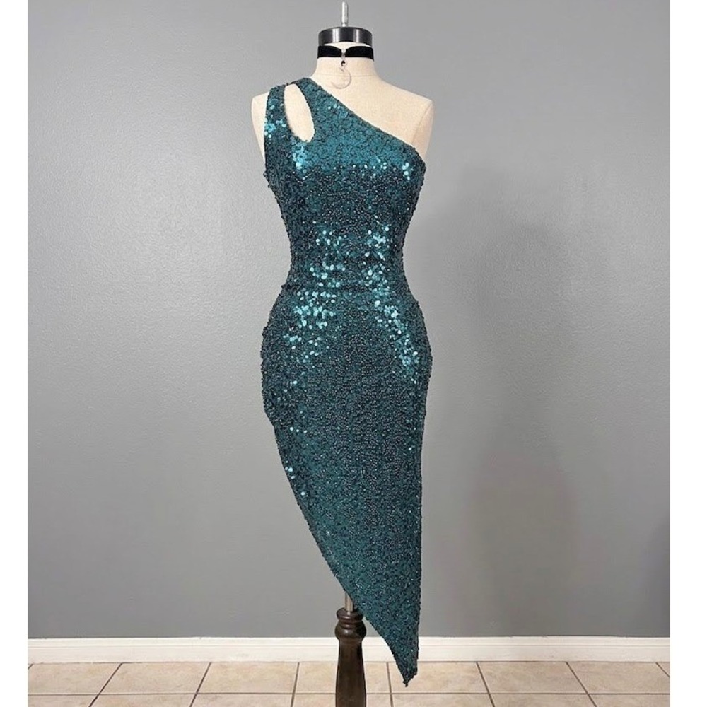 Emerald Green Sequin One Shoulder Asymmetrical Gown‎ Dress XSmall Formal Sexy